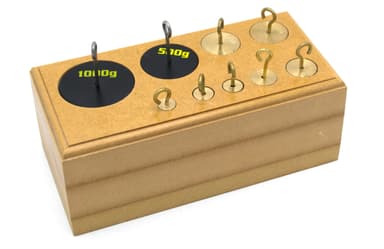 Set of 9 Brass Hooked Weights - 10-1000g in Wooden Block