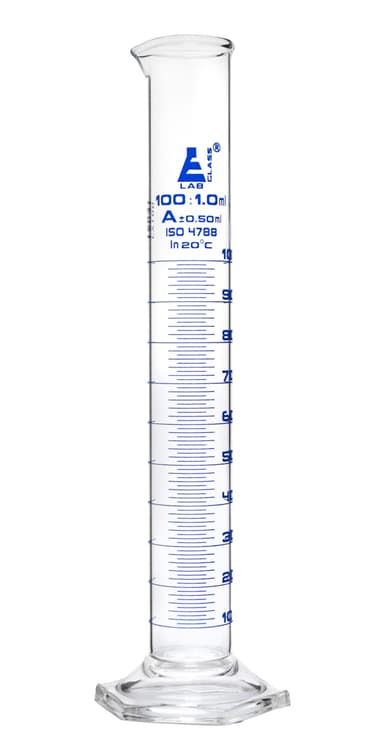 Graduated Cylinder, 100ml - Class A Tolerance ±0.50ml - Hexagonal Base - Blue Graduations - Borosilicate 3.3 Glass