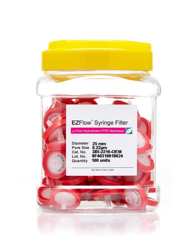EZFlow® Non-Sterile Hydrophobic PTFE Syringe Filters, 0.22 µm Pore Size Membrane for Prefiltration and Sample Prep, 25 mm, 100/PK