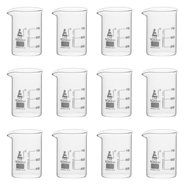 12 Pack Beakers, 100ml - Borosilicate Glass, Low form - 25ml Graduations