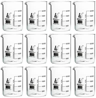 12 Pack Beakers, 250ml - Borosilicate Glass, Low form - 50ml Graduations