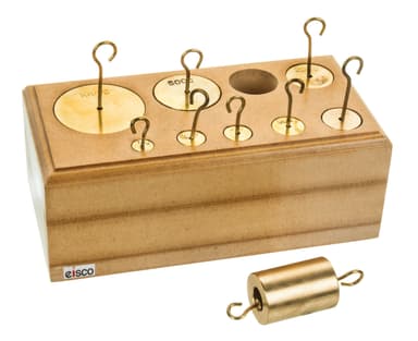 Hooked Brass Weights, Set of 9 weights, 10-1000g in wooden block