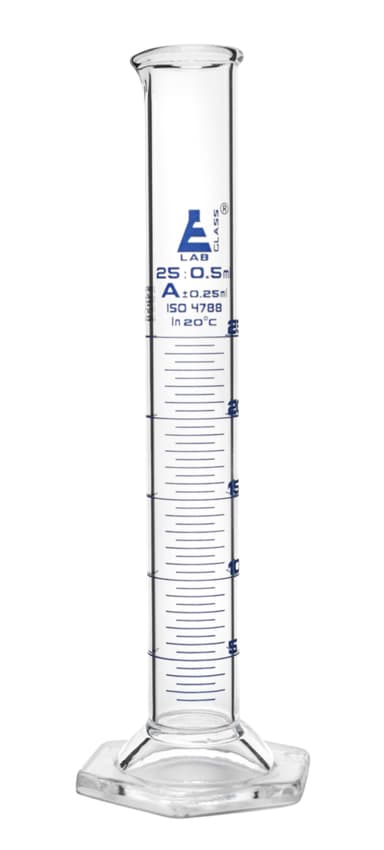 Graduated Cylinder, 25ml - Class A Tolerance ±0.25ml - Hexagonal Base - Blue Graduations - Borosilicate 3.3 Glass