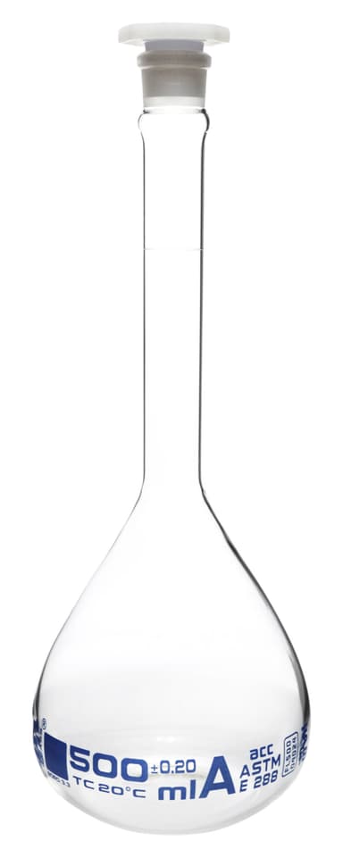 Volumetric Flask, 500ml - ASTM, Class A - Tolerance ±0.20ml - Interchangeable, Size 19 Polypropylene Stopper - Single, White Graduation - Borosilicate Glass