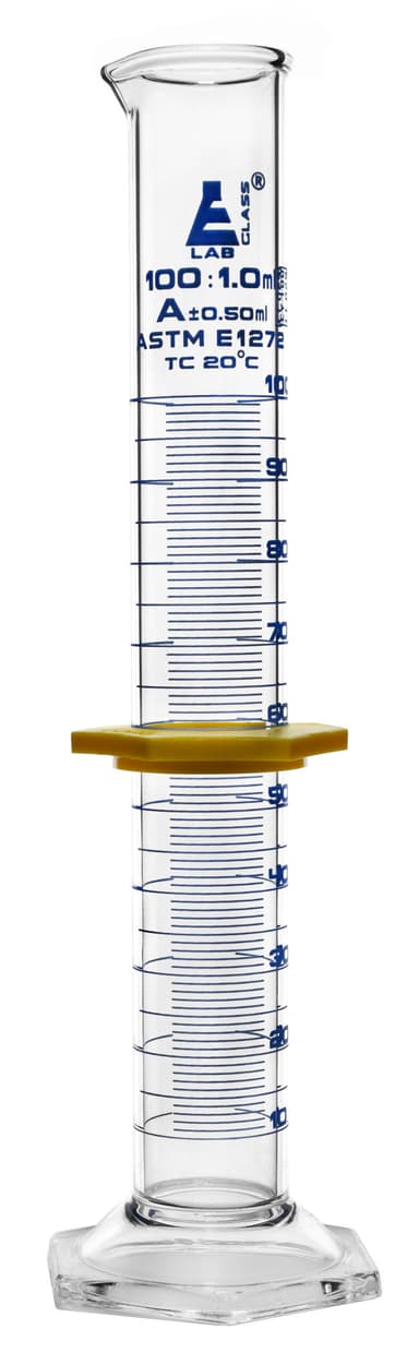 Measuring Cylinder, 100mL - ASTM, Class A Tolerance ±0.50mL - Protective Collar, Hexagonal Base - Blue Graduations - Borosilicate 3.3 Glass