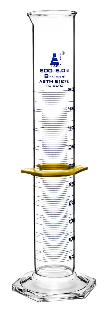 Measuring Cylinder, 500ml - ASTM, Class B Tolerance ±4.00ml - Protective Collar, Hexagonal Base - Blue Graduations - Borosilicate 3.3 Glass