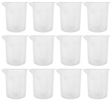 12PK Plastic Beakers, 2000ml - Polypropylene Plastic - Raised Graduations, Tapered Spout - Euro Design