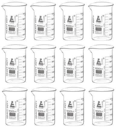 12PK Heavy Duty Beakers, 100ml - 5mm Thick, Uniform Walls - Superior Durability & Chemical Resistance - White Graduations - Borosilicate 3.3 Glass