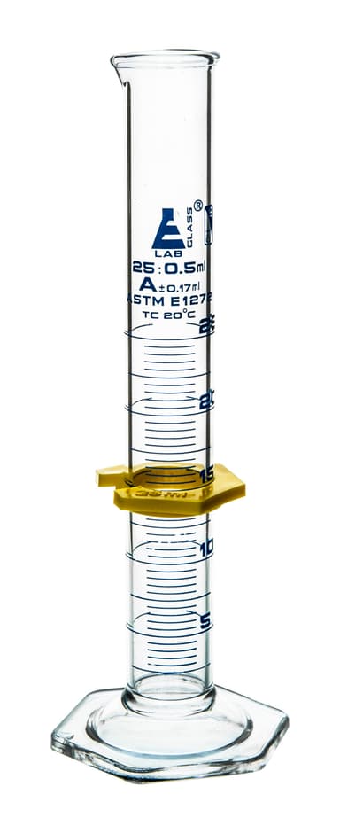 Measuring Cylinder, 25mL - ASTM, Class A Tolerance ±0.17mL - Protective Collar, Hexagonal Base - Blue Graduations - Borosilicate 3.3 Glass