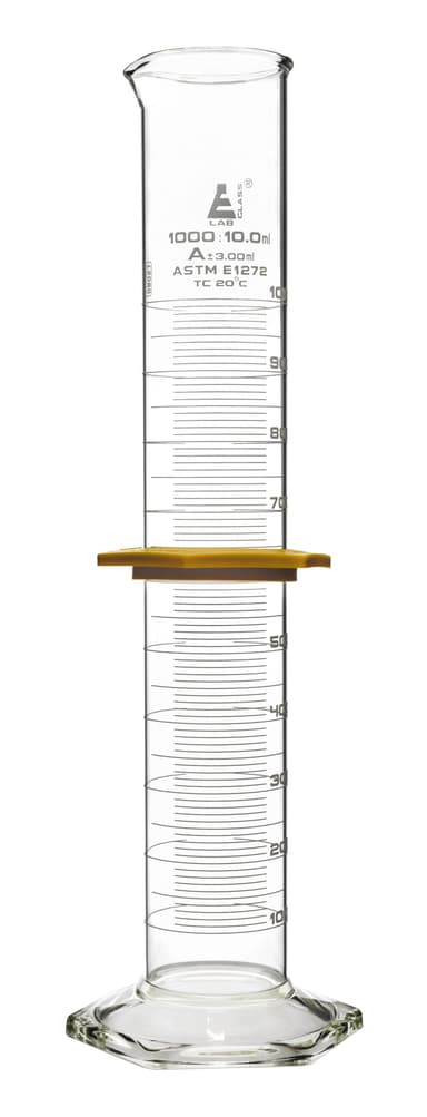 Measuring Cylinder, 1000mL - ASTM, Class A Tolerance ±3.00mL - Protective Collar, Hexagonal Base - Blue Graduations - Borosilicate 3.3 Glass