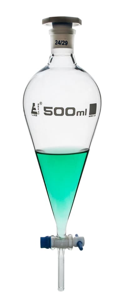 Squibb Separating Funnel, 500ml - 24/29 Plastic Stopper, PTFE Key Stopcock, Ungraduated - Borosilicate Glass
