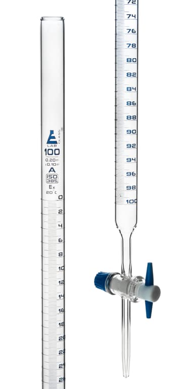 Burettes - PTFE Key stopcock, Class 'A', Capacity 100ml - 0.20ml Blue Grad- Tolerance ± 0.10ml