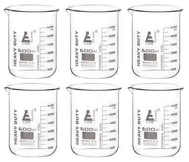 6PK Heavy Duty Beakers, 600ml - 5mm Thick, Uniform Walls - Superior Durability & Chemical Resistance - White Graduations - Borosilicate 3.3 Glass