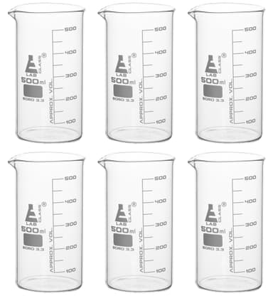 6PK Beakers, 500ml - Tall Form with Spout - White, 50ml Graduations - Borosilicate 3.3 Glass
