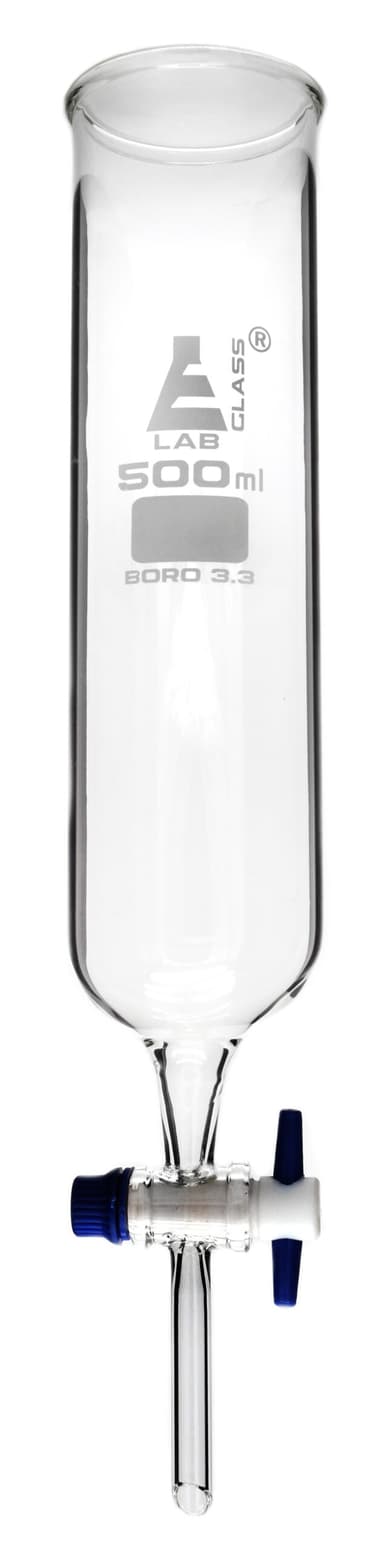 Dropping Funnel, 500ml - PTFE Key Stopcock, Open Top, Cylindrical - Ungraduated - Cylindrical, Borosilicate Glass