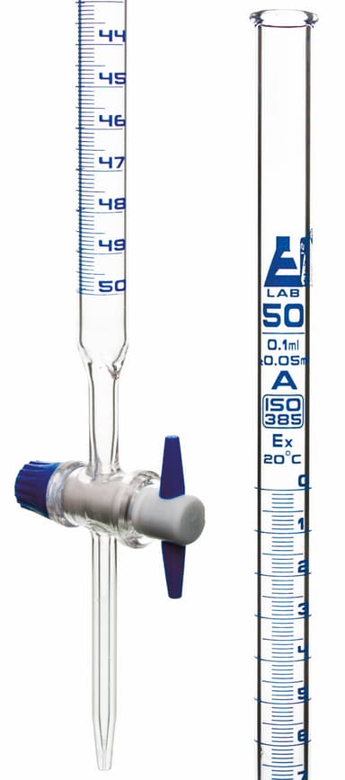 Burette, 50ml - Class A, ±0.05ml Accuracy - Borosilicate Glass - Straight Bore PTFE Stopcock - 0.1ml Blue Graduations