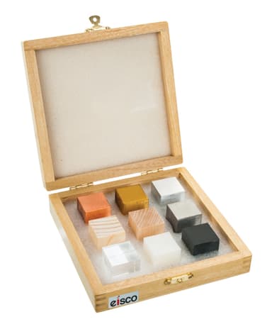 9pc Specimen Density Cube Set - 1" EA: Brass, Iron, Copper, Aluminum, Hardwood, Softwood, Nylon, PVC, Acrylic - Includes Wooden Storage Box